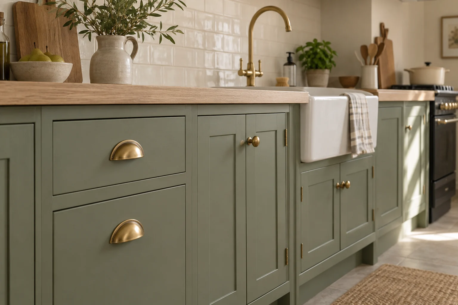 A softly lit sage kitchen with simple brass drawer handles and round cupboard knobs