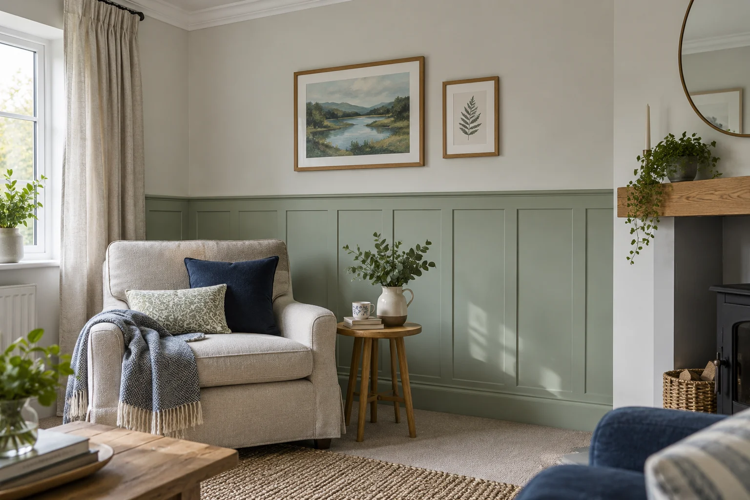 A welcoming British room with sage wall panelling and simple white coving