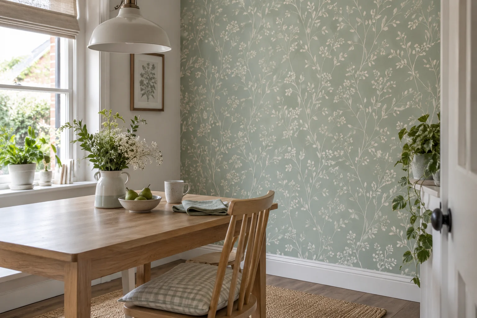 A welcoming British room with a soft green botanical wallpaper feature wall