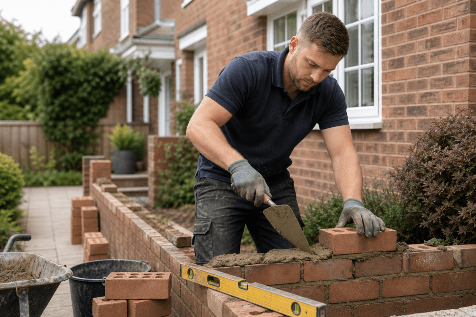 Professional bricklayers work at a UK home