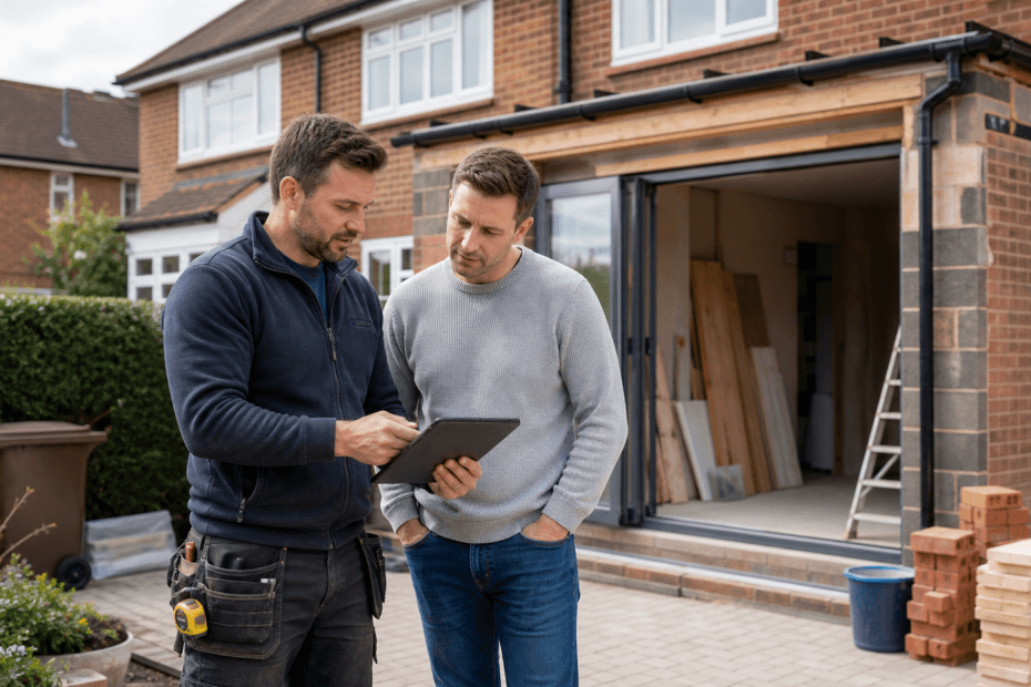 Professional builders work at a UK home