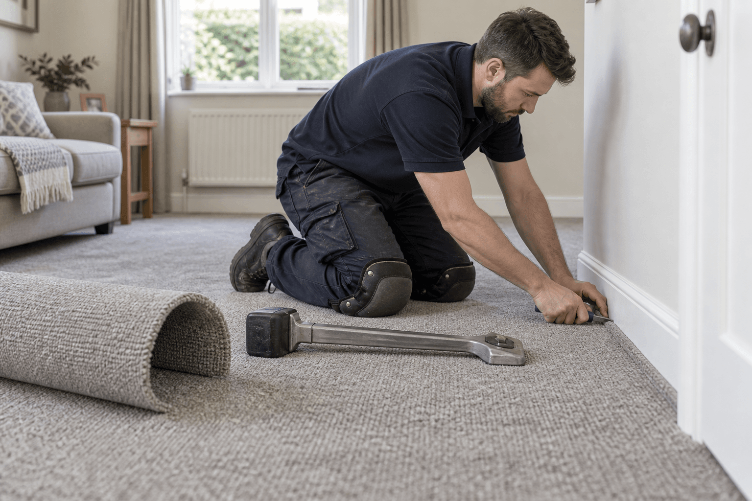 Carpet fitter installing a grey carpet in a living room
