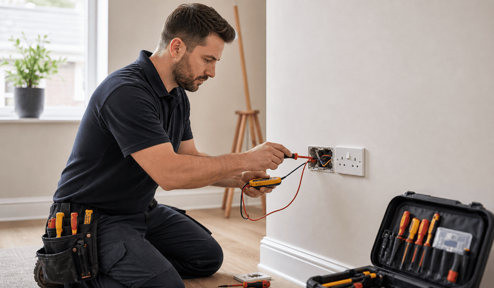 Professional electricians work at a UK home
