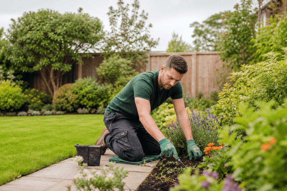 A professional gardener working in a tidy residential garden
