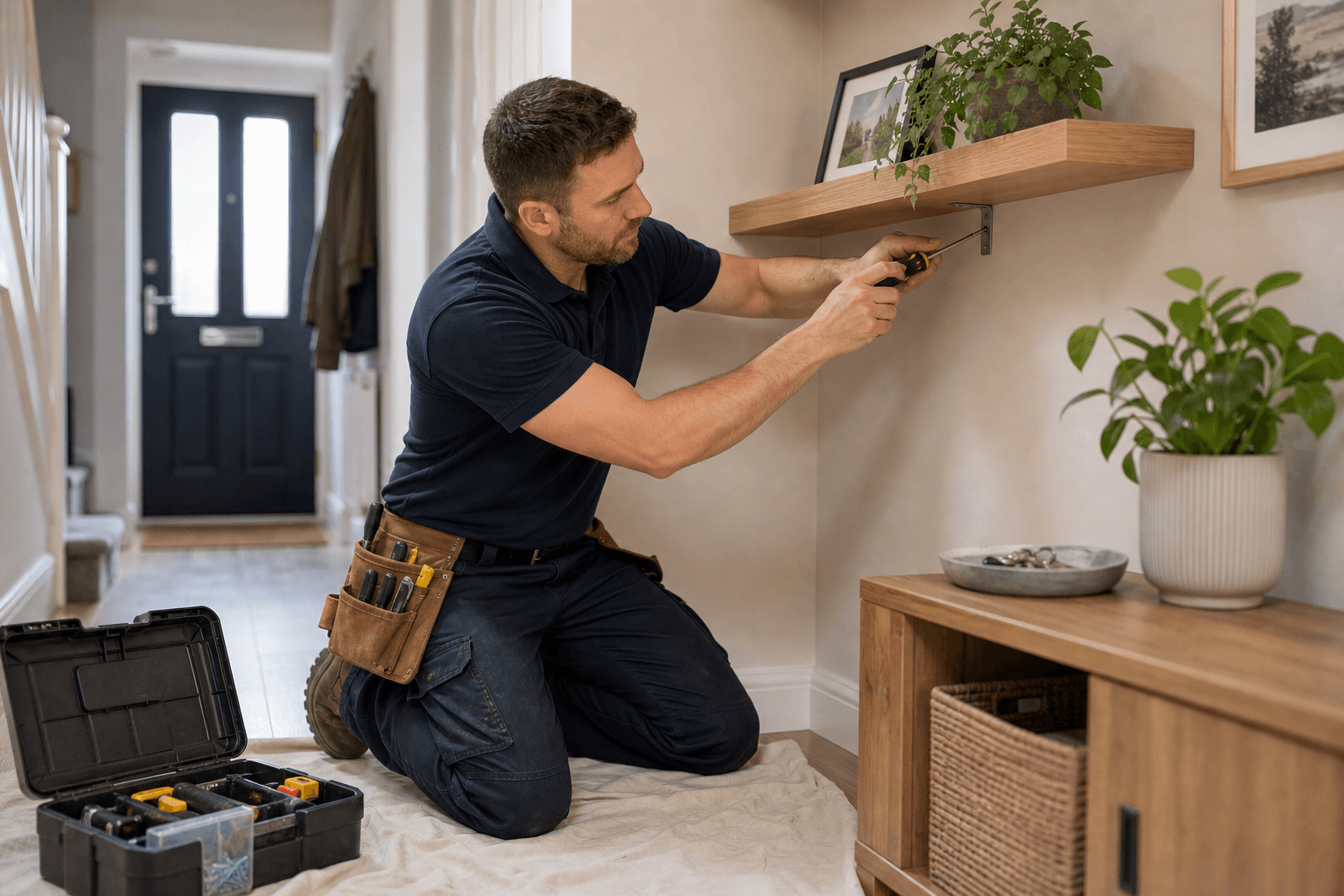 Professional handymen work at a UK home
