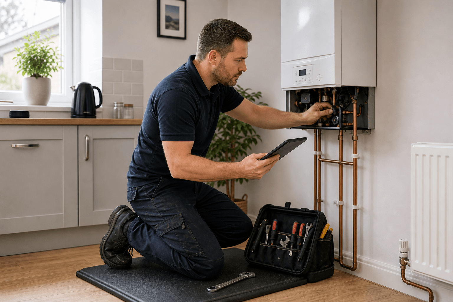 Professional plumbers work at a UK home
