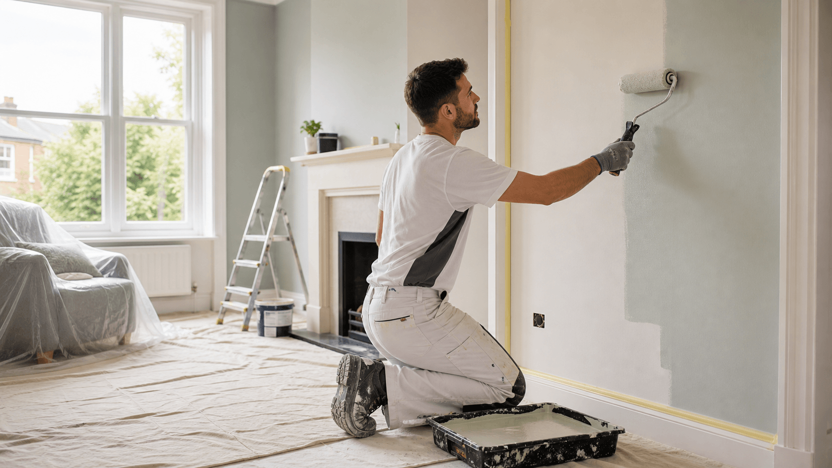 Professional painter and decorator working at a UK home