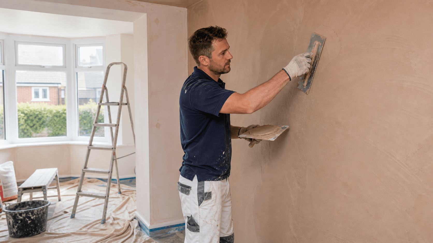 Professional plasterer working at a UK home