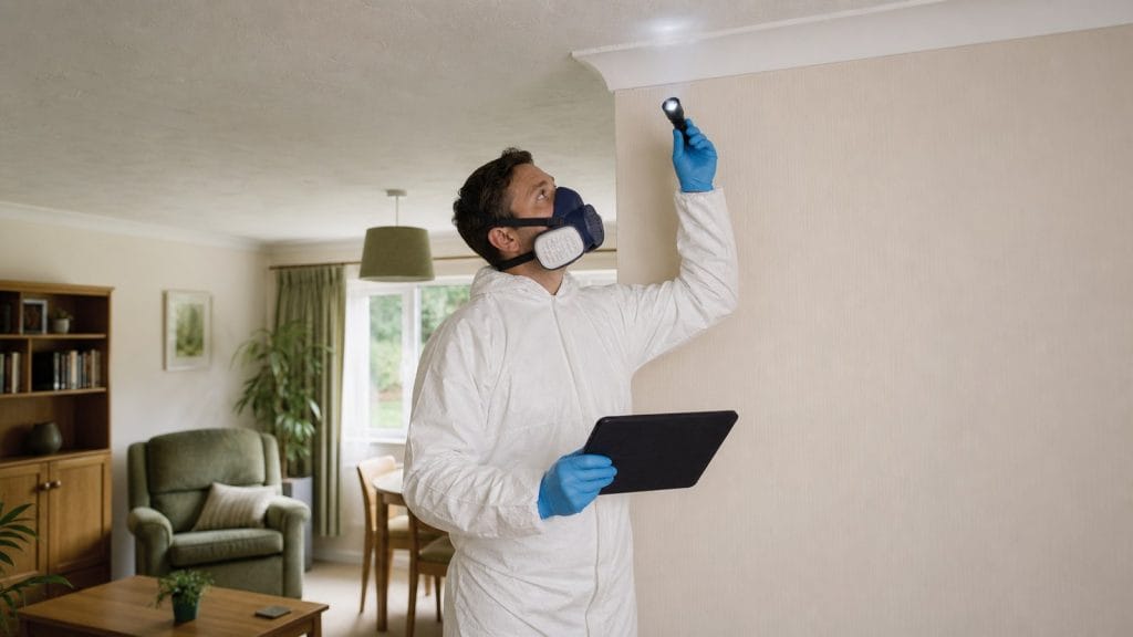 Asbestos surveyor inspecting an internal wall in a UK home