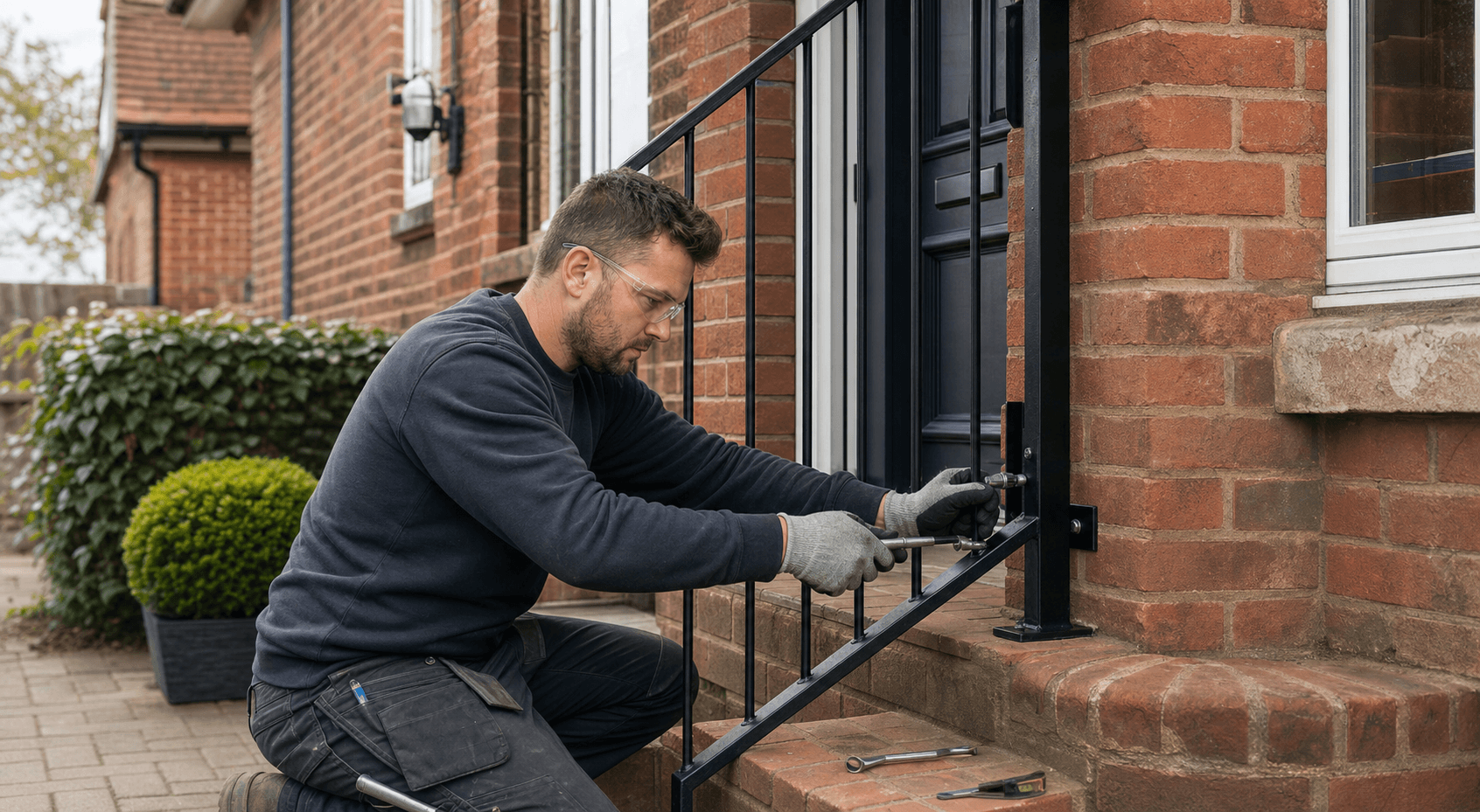 Professional metalworker installing exterior metalwork at a UK home