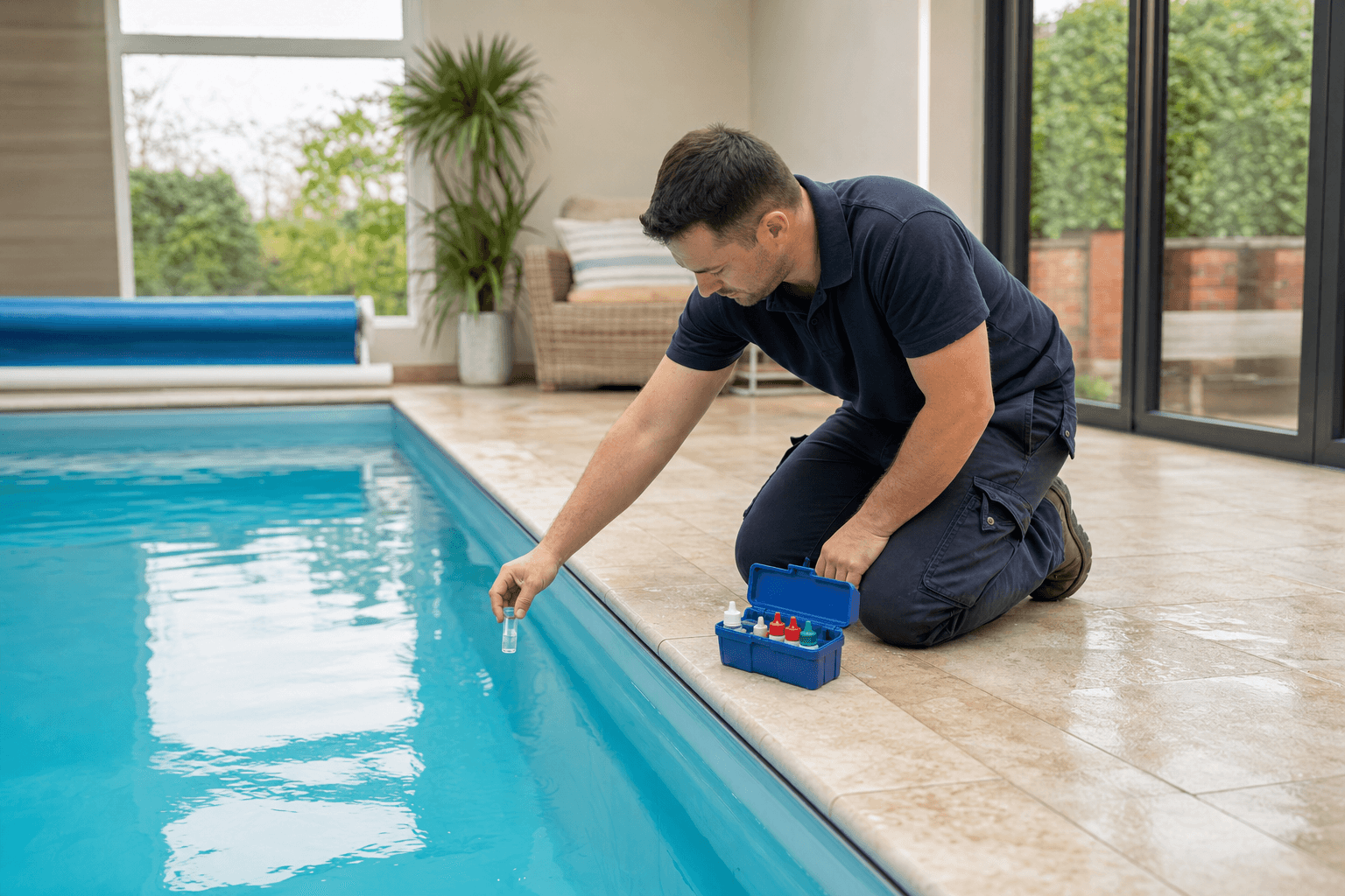 Professional swimming-pool technician working at a UK home