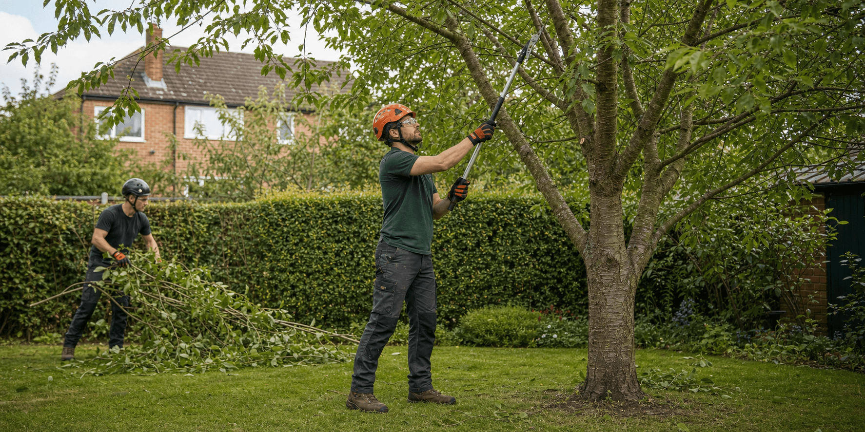 Professional tree surgeon pruning a tree in a UK garden