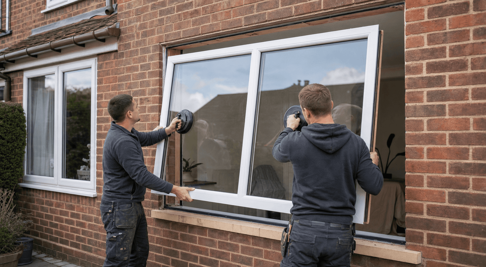 Professional window fitters installing glazing at a UK home