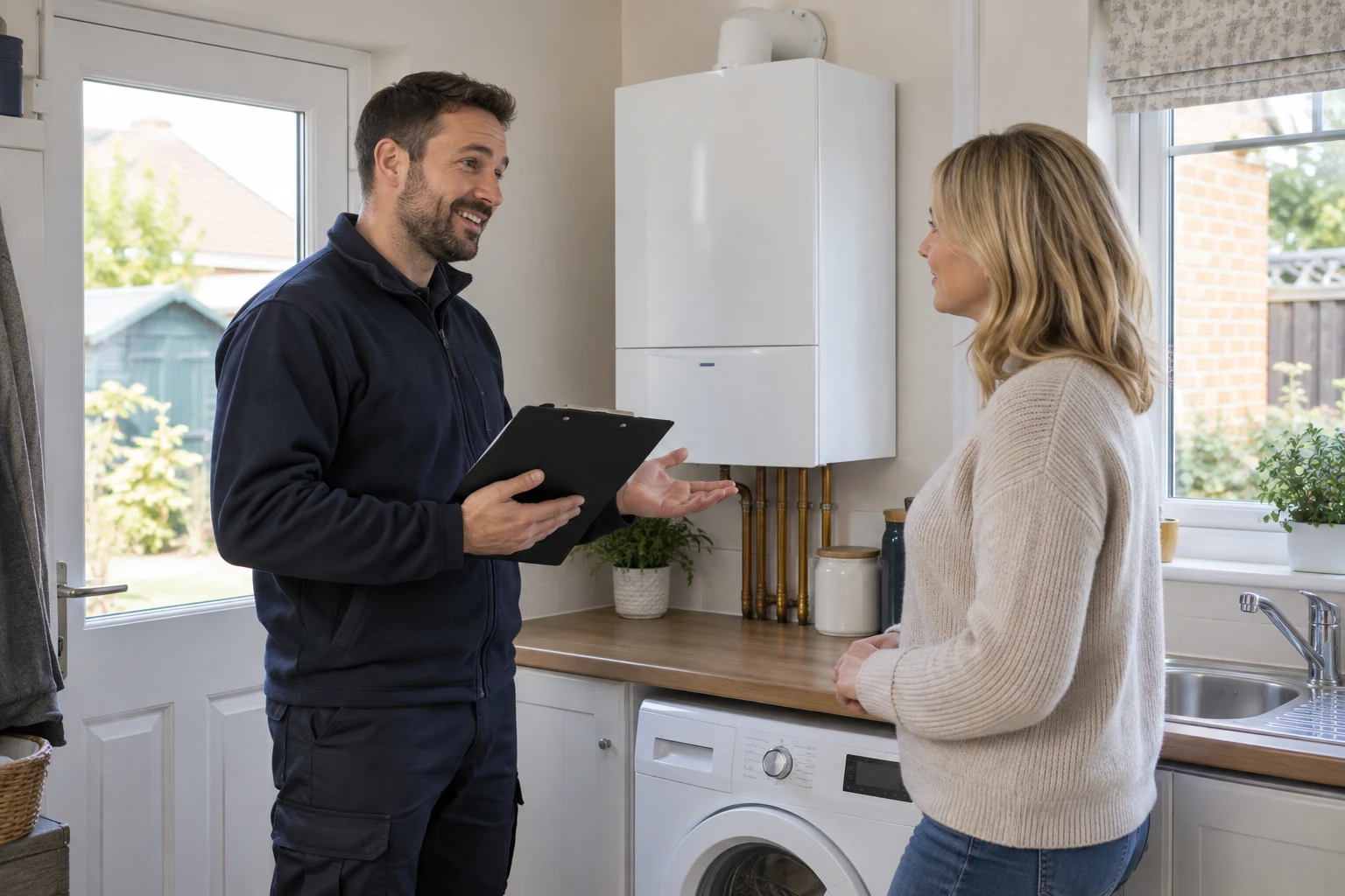 Illustration of a heating surveyor discussing a boiler replacement with a homeowner